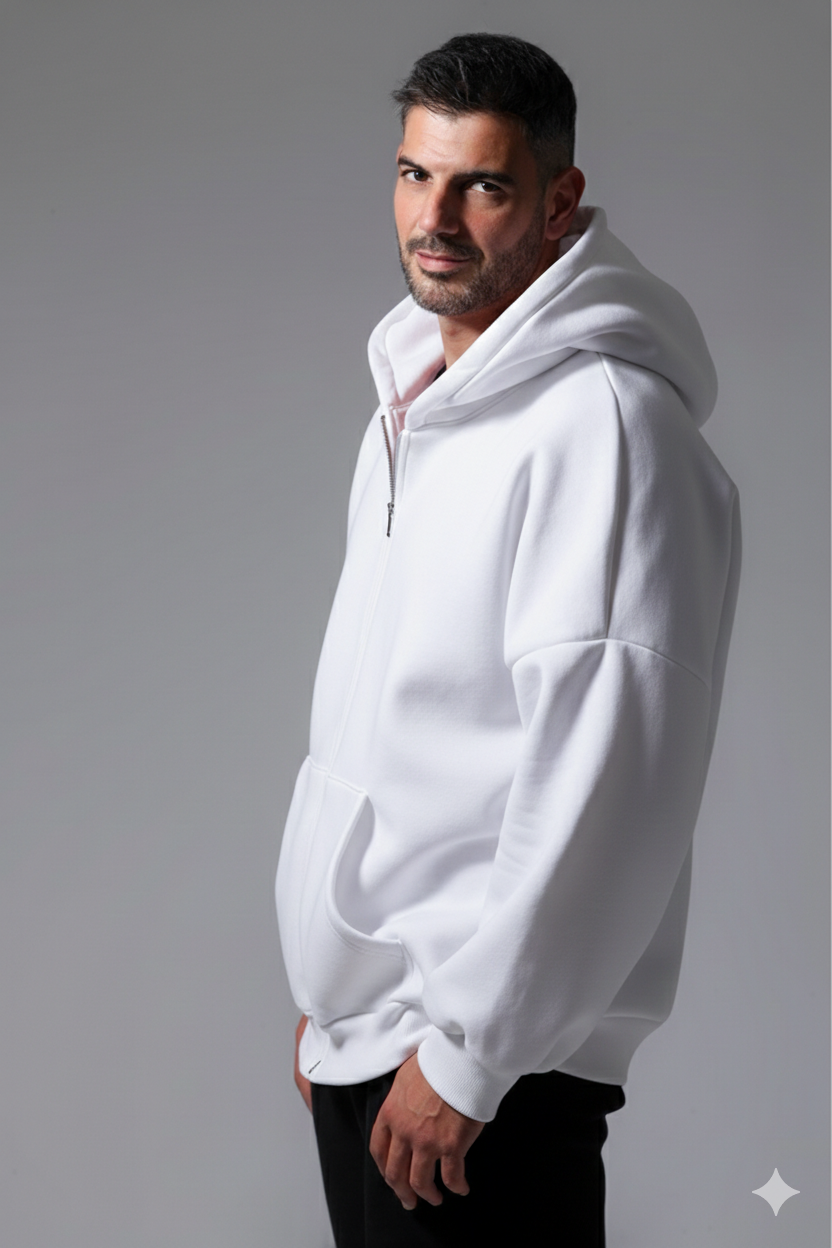 Oversized Ζακετα Φουτερ Με Φερμουαρ Λευκη